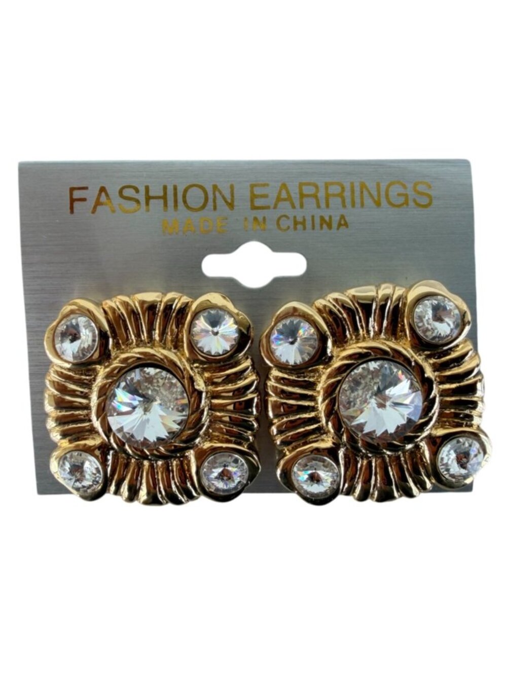 Vintage NOS Large Statement Clip-On Goldtone Earrings Rhinestones Chunky Fashion
